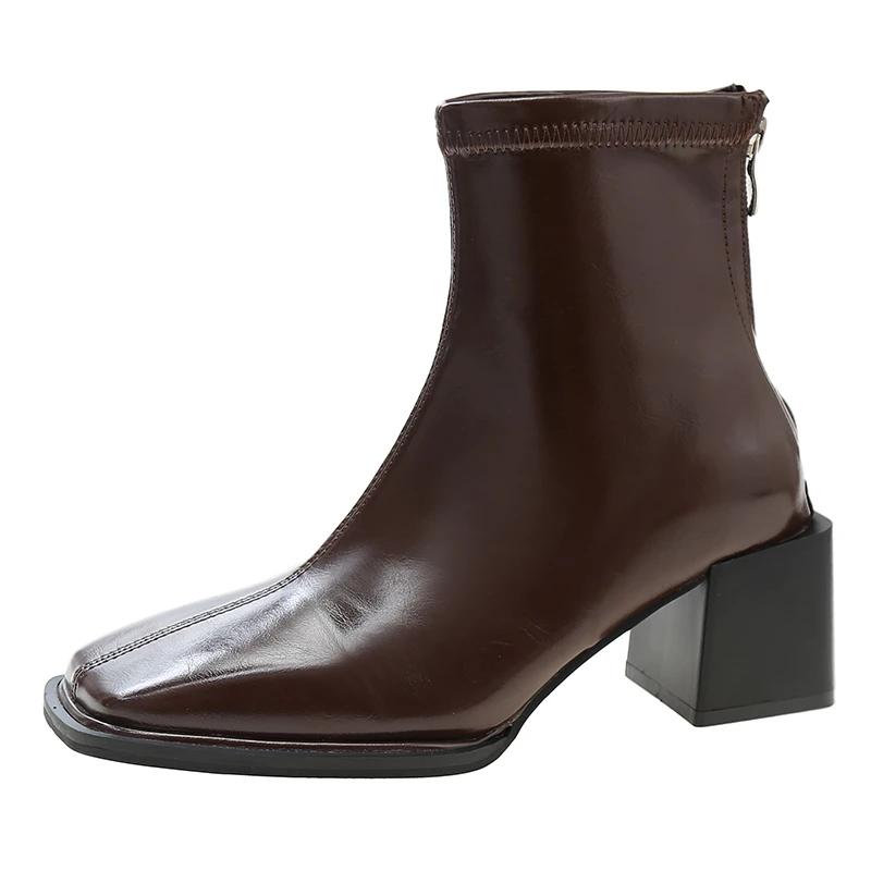 Мода 2024 года, новые осенние женские сапоги из тонкой эластичной кожи с низким бочонком, квадратная застежка-молния сзади, британская мода, короткие сапоги для женщин