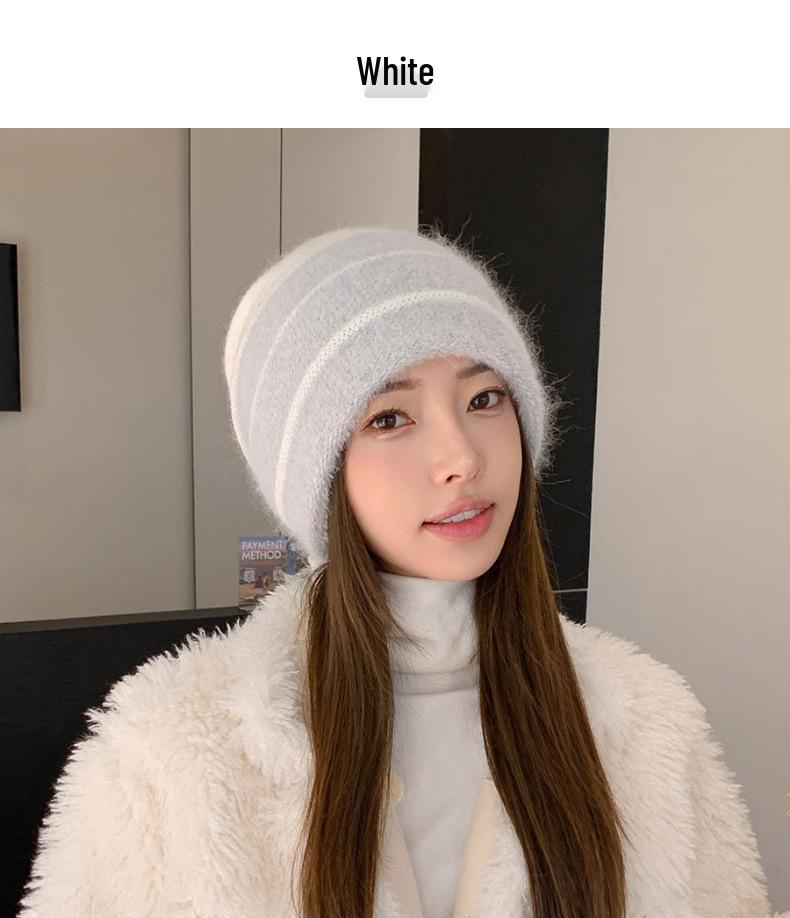 Korean Colorblock Rabbit Fur Fleece-Lined Beanie with Ear Protection – Elegant Women's Knit Hat for Cold Weather