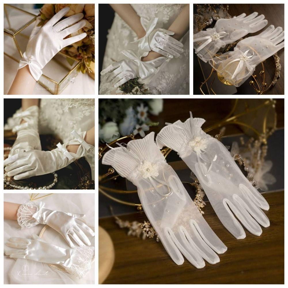 1 Pair Mesh Bow Knot Gloves Short Glove Lace Gloves Women White Satin Gloves Wedding  Ladies/Girls
