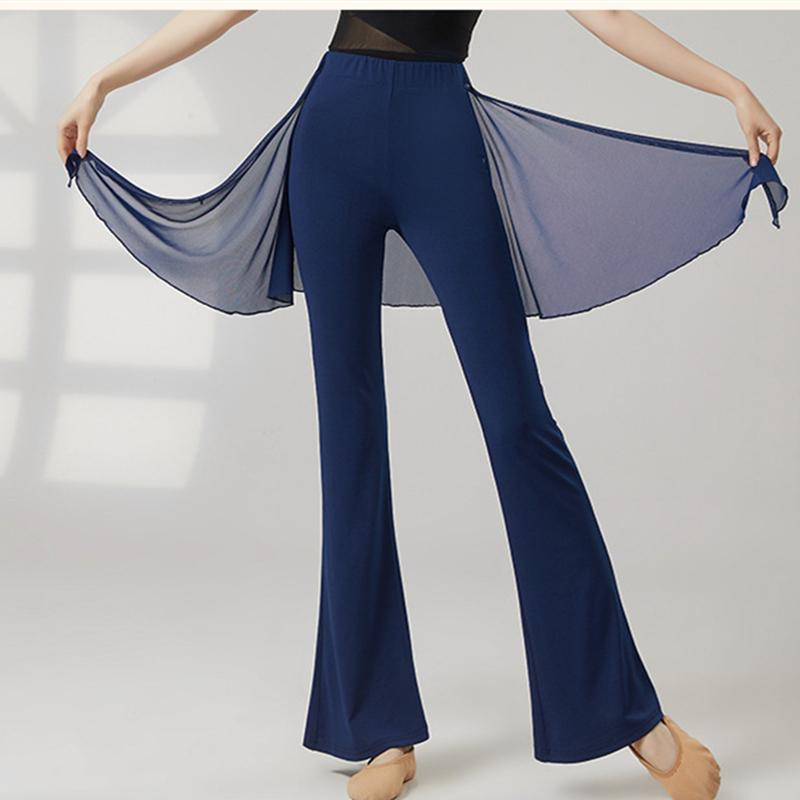 Современные танцевальные брюки женские длинные с легким клешем латинские брюки сетчатая юбка-обертка классический костюм для тренировок сценическая одежда для линейных танцев женская