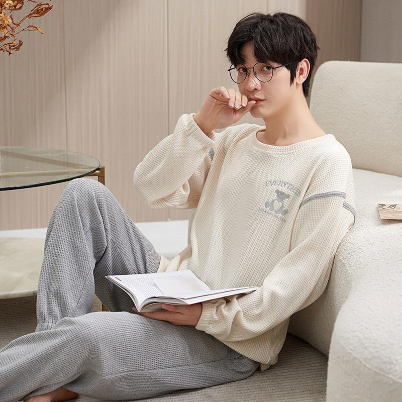 Пижамы мужские с длинным рукавом из хлопка весна и осень простой молодежный домашний костюм для отдыха можно носить