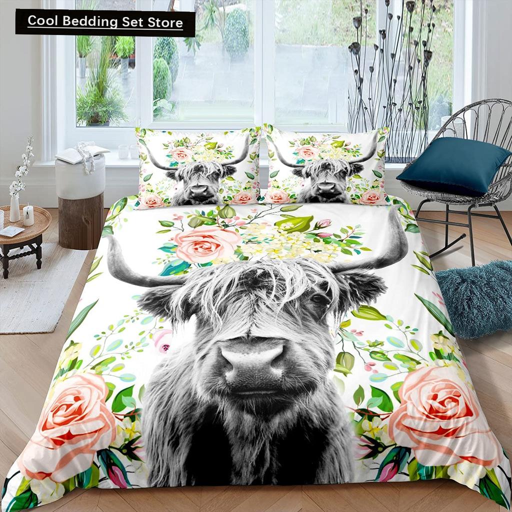 Highland Cow Flower King Queen Duvet Cover Cattle Rose Bedding Set Western Animal Comforter Cover Farmhouse Bull Quilt Cover