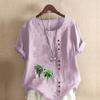 Женская модная футболка с круглым вырезом и коротким рукавом, повседневная хлопковая льняная рубашка с принтом зеленых растений, летняя блузка, топы больших размеров