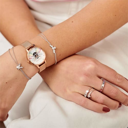 Authorized Retailer: OLIVIA BURTON Women's Watch OB16WL90 Illustrated Animals Rainbow Bee Rose Gold Mesh 30mm