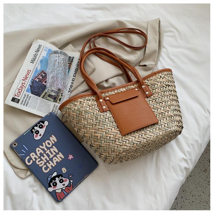 Summer Handmade Bags for Women Large Capacity Straw Fabric Basket Tote Top Handle Handbags Lady Beach Hand Bags