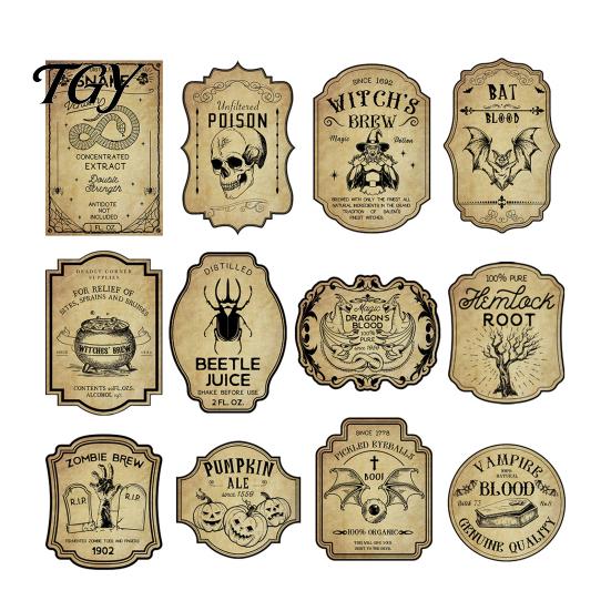 Halloween Bottle Labels 12Pcs Wine Labels, Vintage Retro Stickers with Witch Skull Self Adhesive Decals Bat Pumpkin Design, Self-Adhesive for