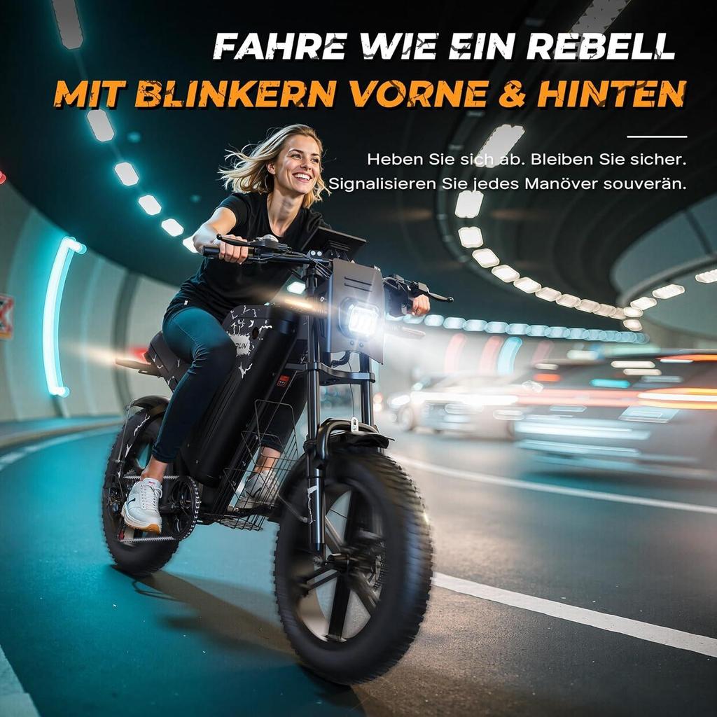 20-inch adult fat bike e-bike with 48V 31.5Ah battery, 87-mile range, suspension and turn signals