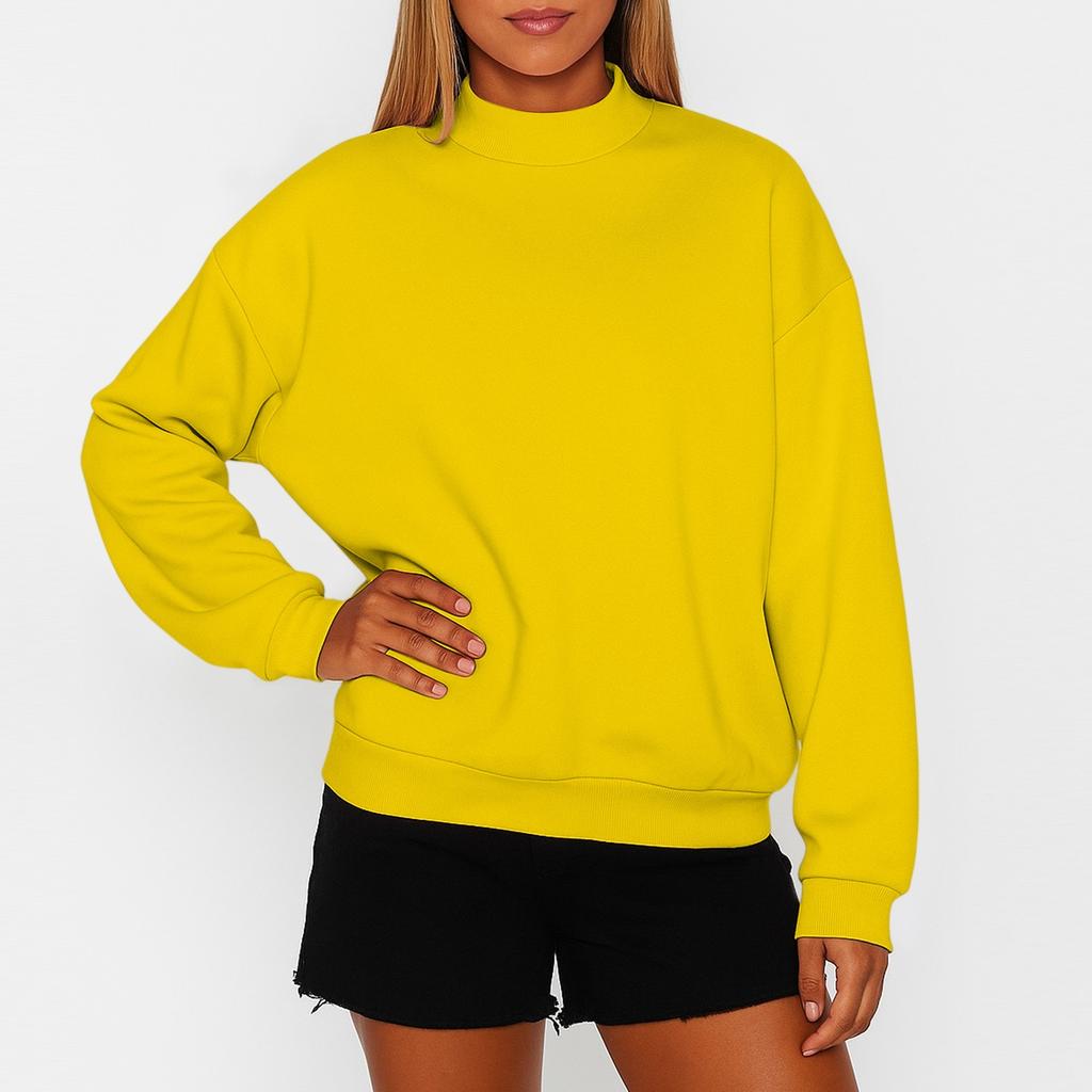 Women's Solid Color Fleece Sweatshirt With A Small High Neck And Loose Fit