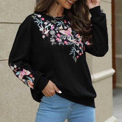 Женская толстовка в этническом стиле с цветочной вышивкой, круглым вырезом и длинными рукавами, контрастного цвета