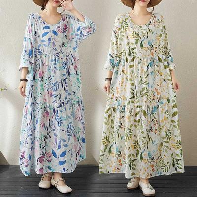 Платье А-силуэта с круглым вырезом и цветочным принтом, с длинными рукавами, свободное, тонкое, большого размера