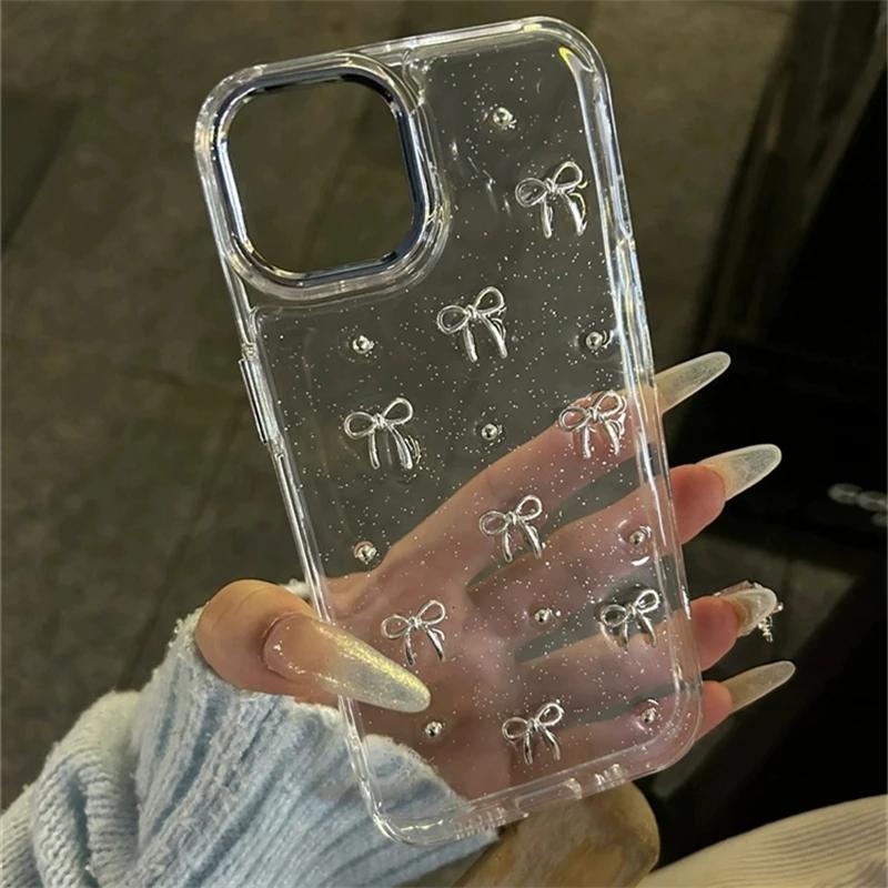INS Корея Глиттер 3D Серебряный Бант Бусины Чехол для телефона для iPhone 17 Air 16 15 14 13 12 11 Pro Max Plus Эпоксидная оболочка Прозрачная бамперная крышка