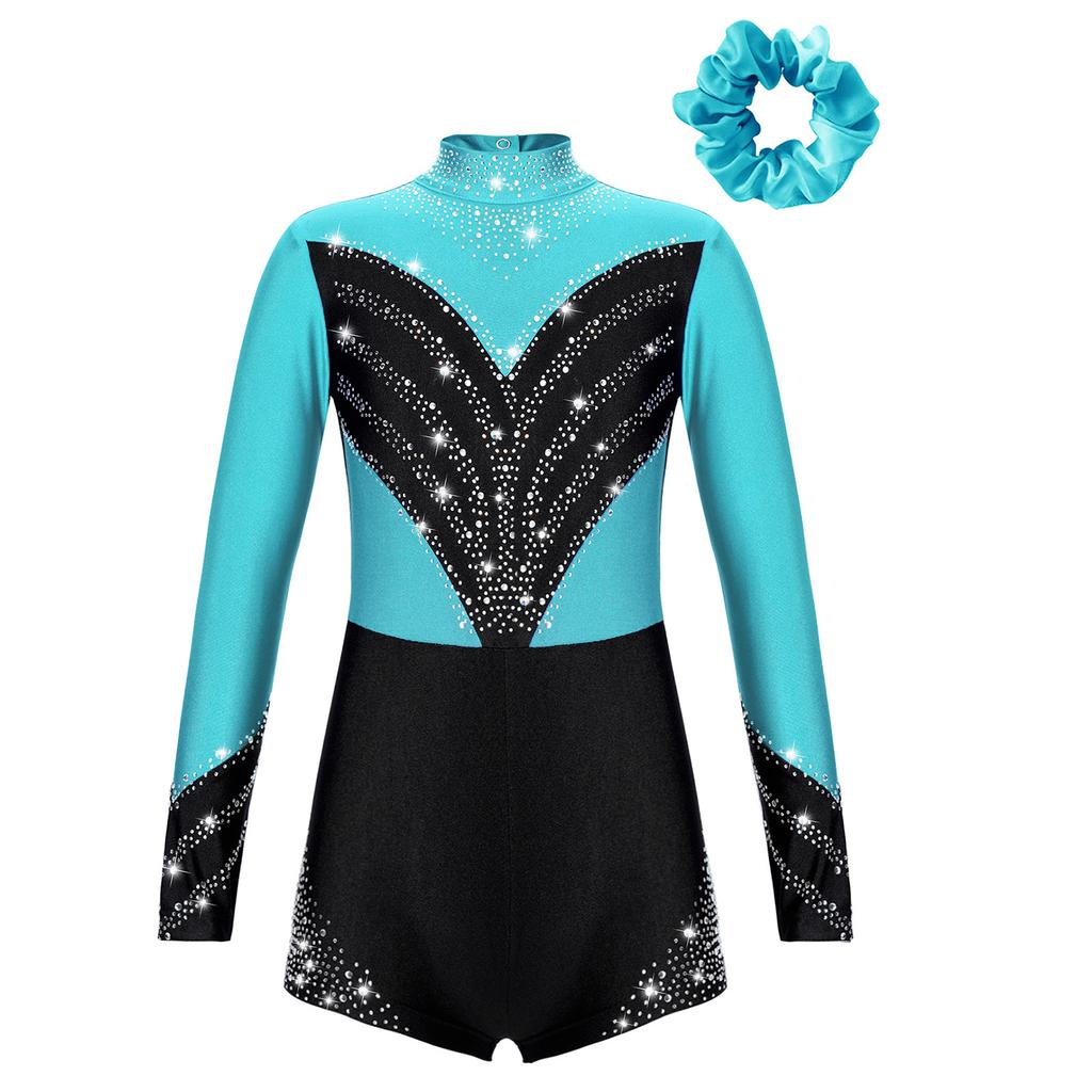 Танцевальный комбинезон для девочек с длинным рукавом, воротником-стойкой, блестящими стразами, вырезом на спине и аксессуаром для резинки для волос
