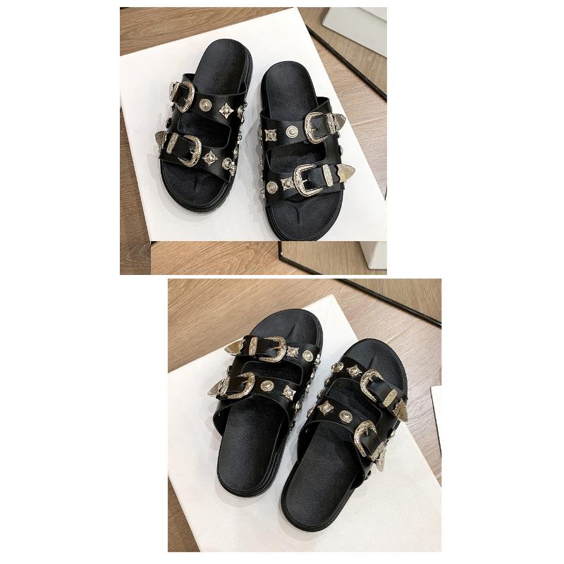 Summer Fashion Dark Black Wind Metal Slippers Female New Rivets Thick Bottom Casual Sandals Beach Slippers