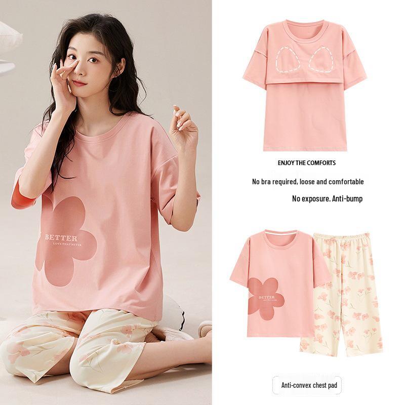 Женский летний капри-пижамный комплект 2025: Тонкий хлопок с коротким рукавом и нагрудными вкладышами, универсальный для ношения дома или на улице