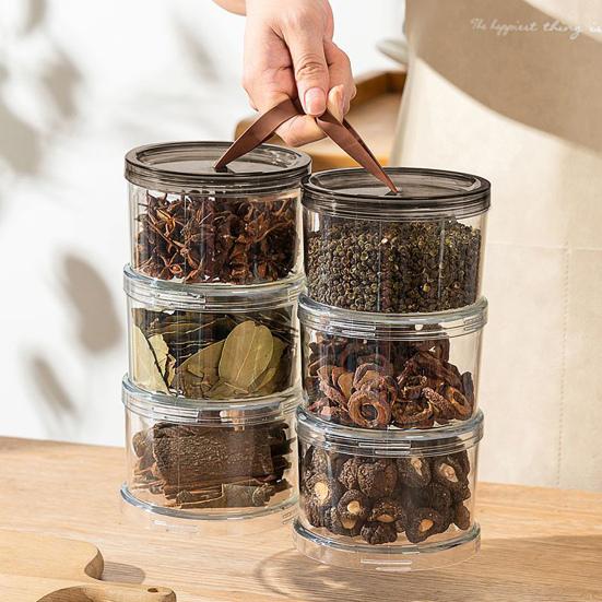 Sealed Spice Jar Airtight Seasoning Storage Organizer Round Stackable Clear Spice Bottle with Handle for Kitchen Counter Pantry