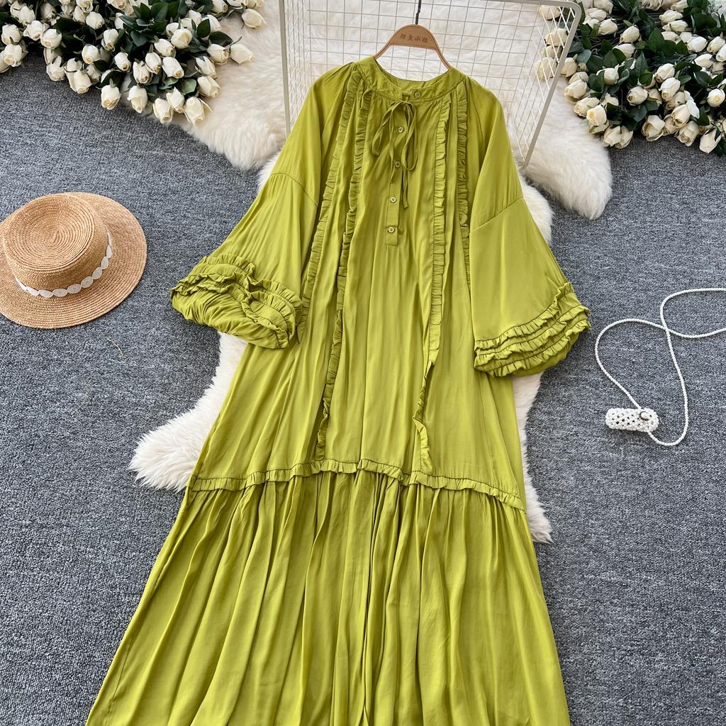 Винтажное однобортное платье с круглым вырезом на шнуровке, модное, с длинными рукавами, элегантное, свободное, с оборками, корейская женская одежда High Street