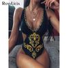 Black V Neck Women Swimwear One Piece Swimsuit Female Bather Printed Bathing Suit Swim Cross Back Bodysuit Lady