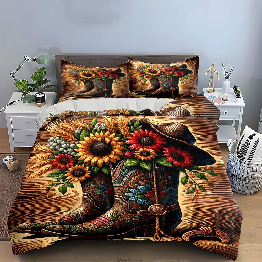 Western Boots with Sunflowers Bedding Duvet Cover Set (1*Duvet Cover 2*Pillowcases, without duvet insert)