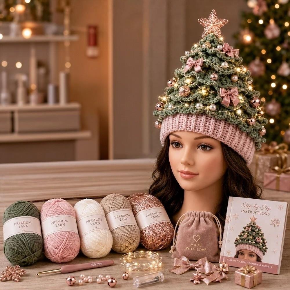 Colorful Handmade Beanie Knitting Hat Set X-mas Tree DIY Hand Crochet Hood Hat Beginners