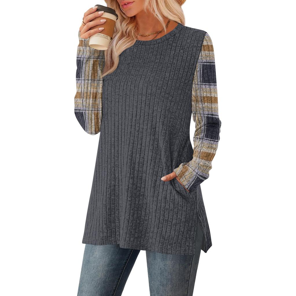 Women's Striped Printed Round-neck Long-sleeved Top With Pockets And Side Slits