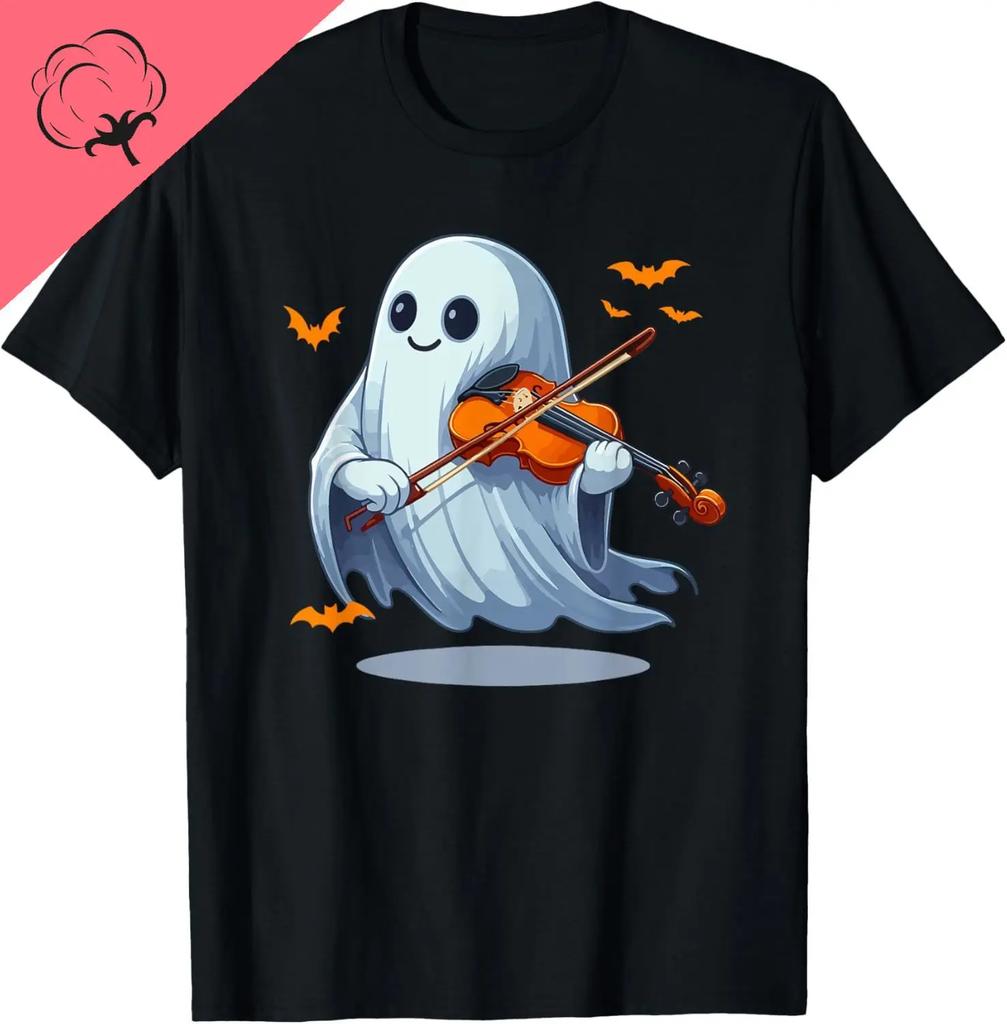 Cute Ghost Playing Violin Halloween Graphic Cotton Short Sleeve TShirt for Unisex