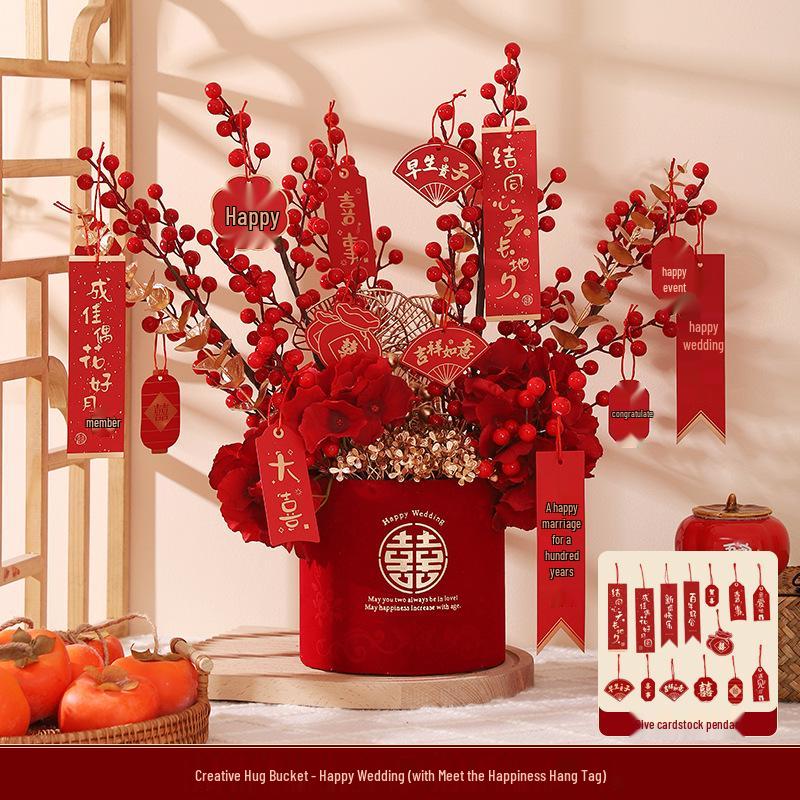 Engagement & Wedding Ornaments: Room Decor Bouquet & Double Happiness Bucket Set for Newlyweds - Ideal for Master Bedroom & Living Room.