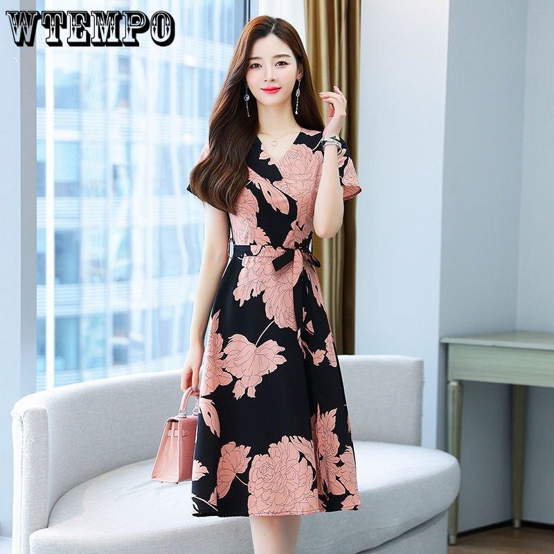 Женское элегантное платье из шифона со шнуровкой на талии, темпераментное платье средней длины с разрезом и цветочным принтом