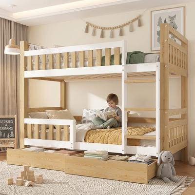Двухъярусная кровать 90 x 200 см из дерева, детская кровать в белом/натуральном цвете, делится на 2 односпальные кровати, с лестницей, бортиком от падения и 2 ящиками