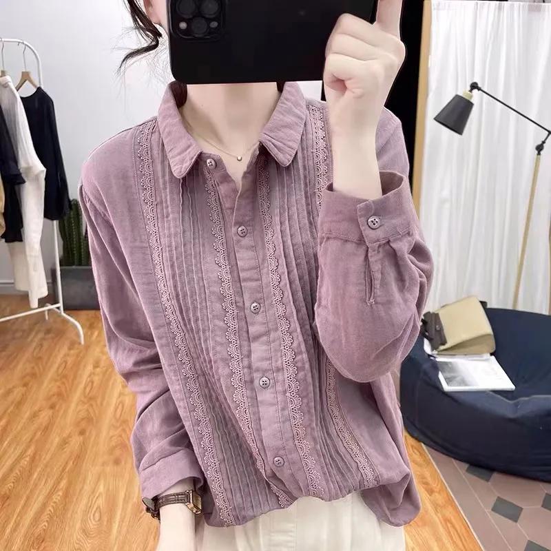 Spring Autumn Women's Lace Patchwork Pure Cotton Long Sleeved Shirt for Women Loose Retro Top Pleated Base Shirt