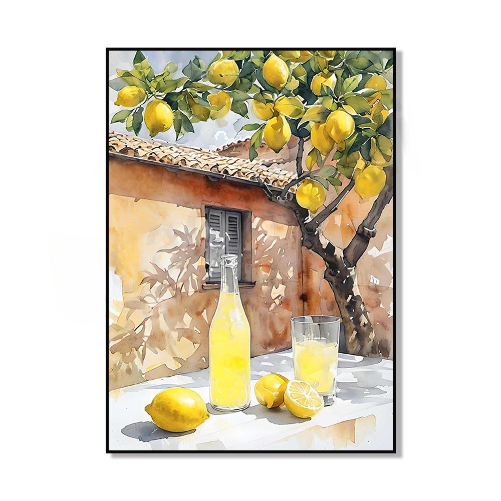 1pc Modern Mediterranean Window with Lemon Canvas Wall Print, Unframed Coastal Lemon Trees Posters for Summer Living Room