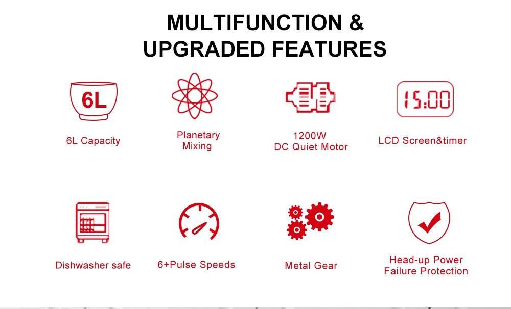 BioloMix BM601 1200 Вт кухонный миксер, венчик для сливок и яиц, тестомес для торта, емкость 6 л, чаша из нержавеющей стали