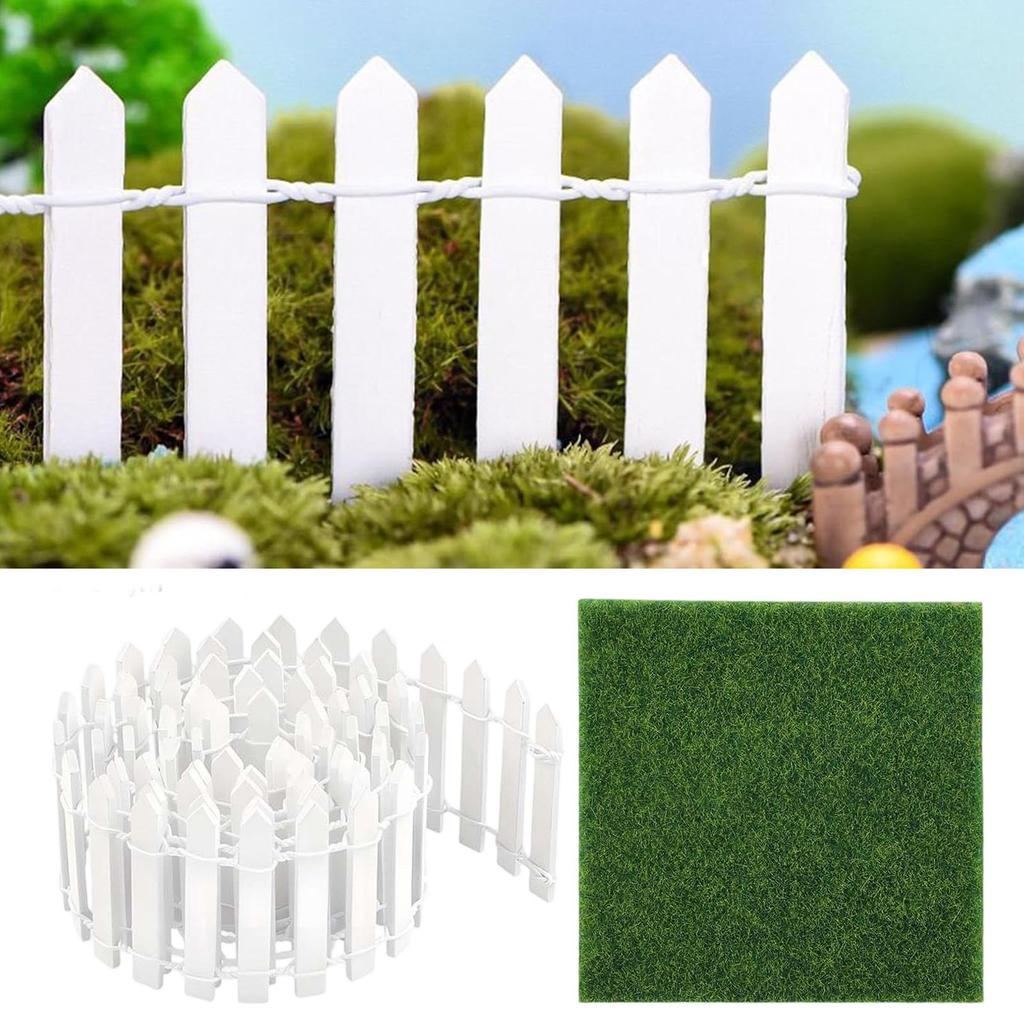 Mini Fence 35 Inch Toy Fence Wooden Crafts Panel Decoration with 4 Piece Fake Grass for Kids Indoor Outdoor Home Decor Boys