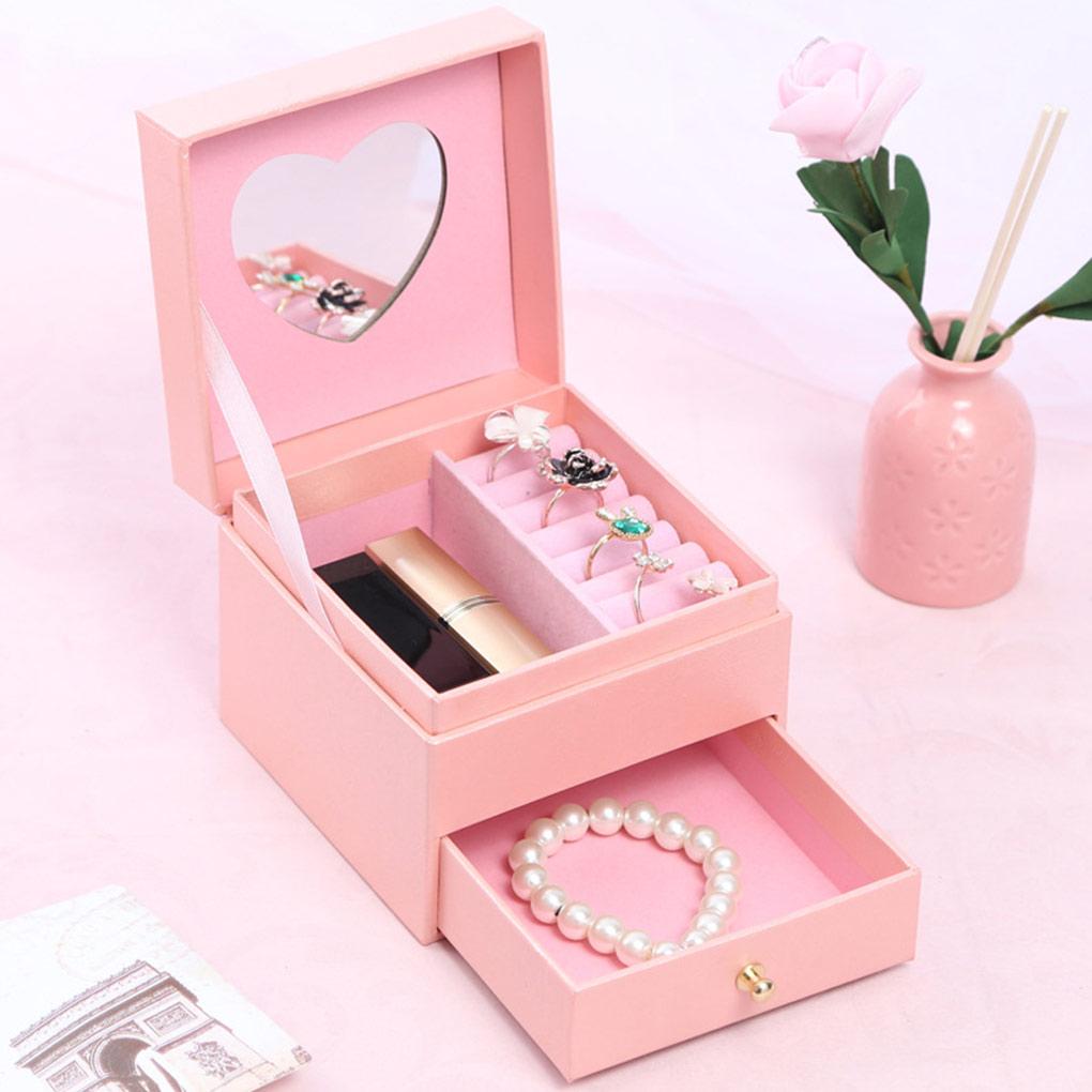 Jewelry Double-layer Grids Box Case Display Heart-shape Mirror Drawer Container Storing Fashionable Collection Gift