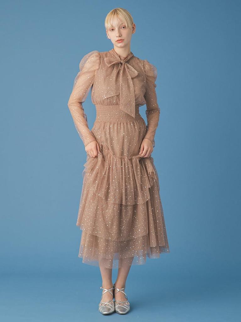 Long Sleeve Lame Tulle Dress RWFO269006BRW00