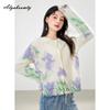 Korean Style Autumn Winter Women Sweater O Neck Contrast Color Floral Knitting Cardigan Knitted Long Sleeve Elegant Soft Outerwear