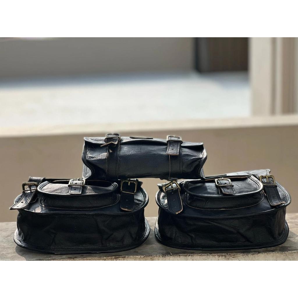 Buffalo Leather Black Motorcycle Combo Saddle 3 Saddlebag Luggage 3 Side Bags