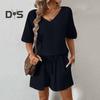 Женский повседневный наряд из 2 шт./компл., футболка с v-образным вырезом и короткими рукавами, эластичная резинка на талии, широкие шорты, комплект, сплошной цвет, тканевый наряд с морщинами