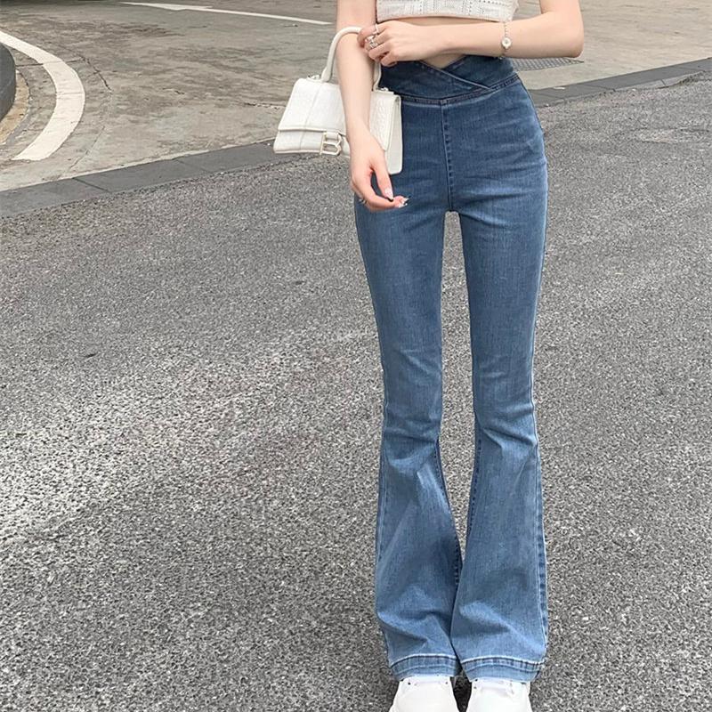Весна 2022, модные женские джинсы с высокой талией, женские широкие джинсы, узкие тонкие женские джинсовые брюки-клеш, джинсовые брюки для мамы