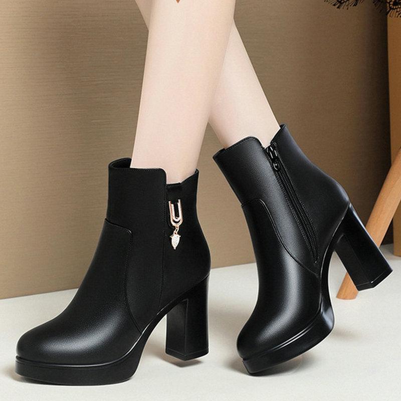 Autumn High Quality Genuine Leather Winter Boots Comfortable Warm Fur Women Ankle Boots High Heel Women's Booties Platform Shoes