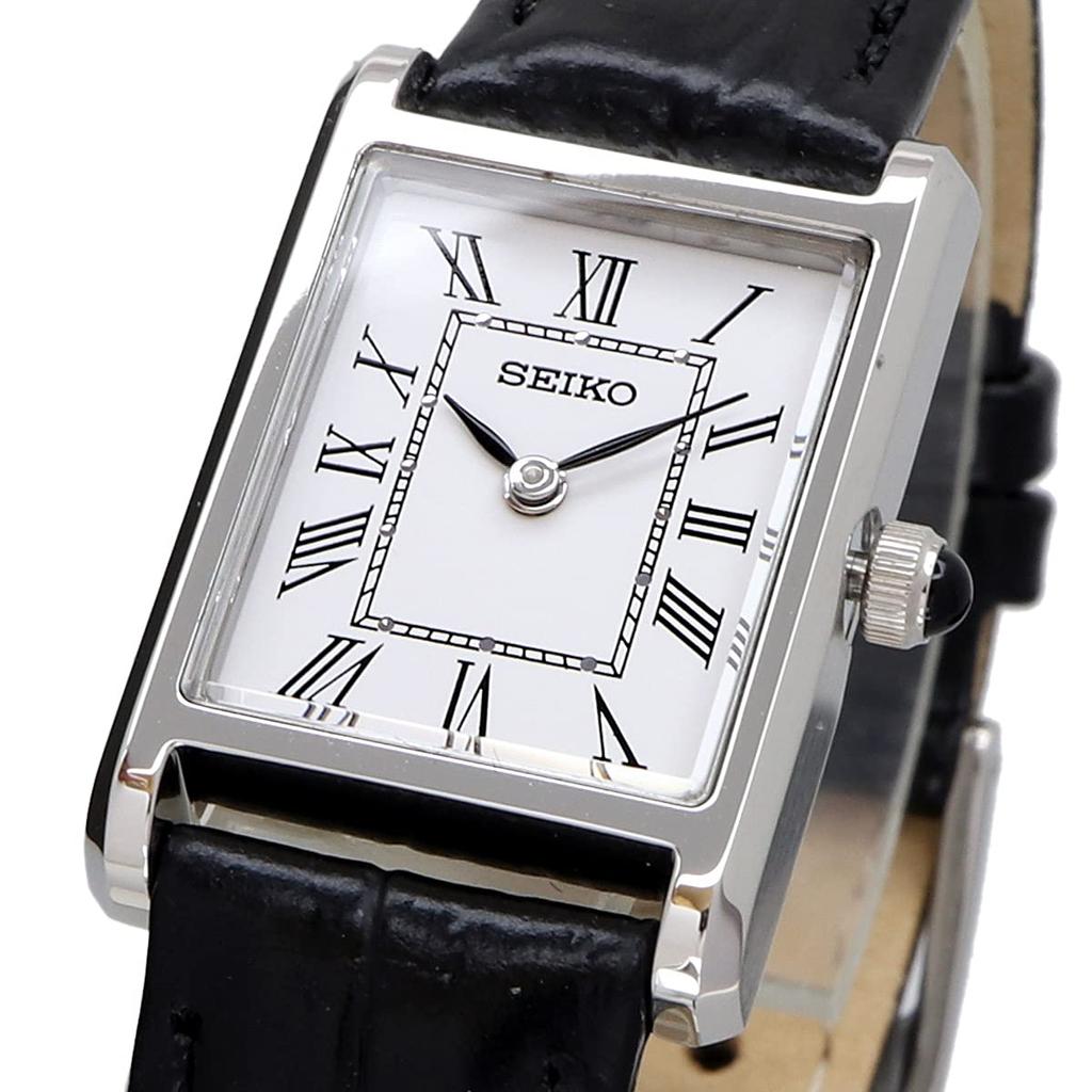 Seiko Женские кварцевые часы квадратной формы SWR053 Белый циферблат Черный кожаный ремешок