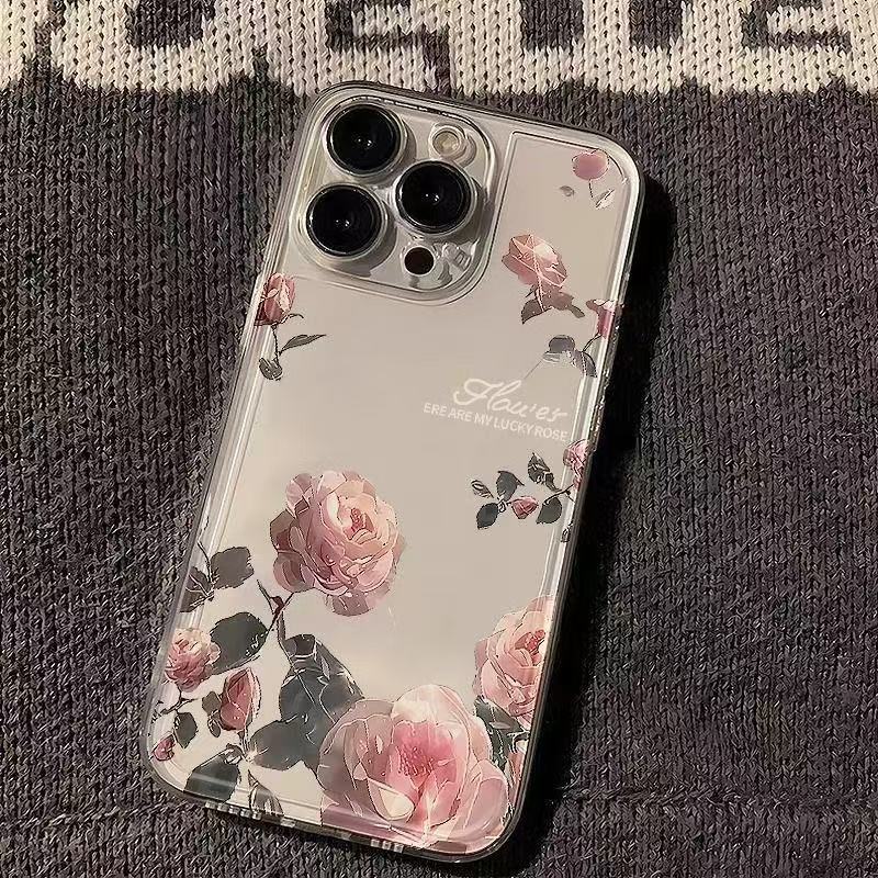 Pink Roses Suitable for Iphone16promax Mobile Phone Case Simple Transparent Apple 15 Anti Fall 1413 Fresh