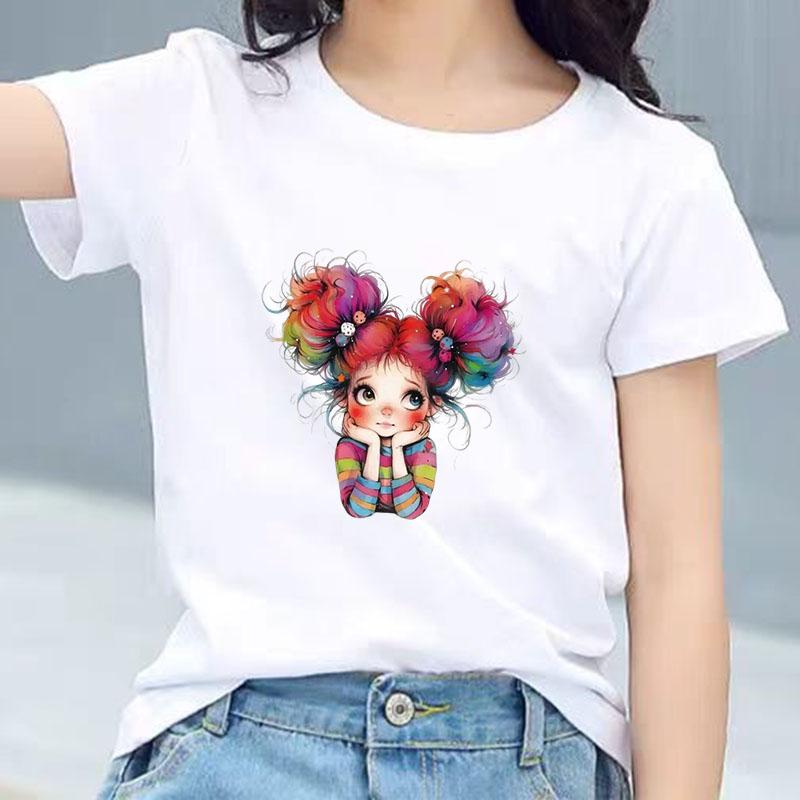 Kids Cotton T Shirt Cheerful Rainbow Hair Girl Graphic Print Crew Neck Short Sleeve Tee Casual Boys Girls Summer Tops