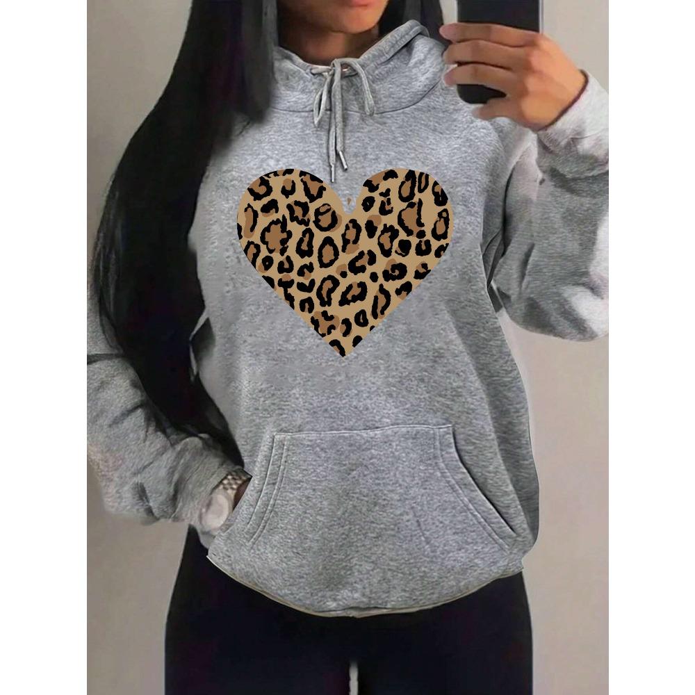 Простое худи с дизайном сердца с леопардовым принтом для женщин, оверсайз, флисовое, осеннее, хип-хоп, спортивная одежда, модная одежда