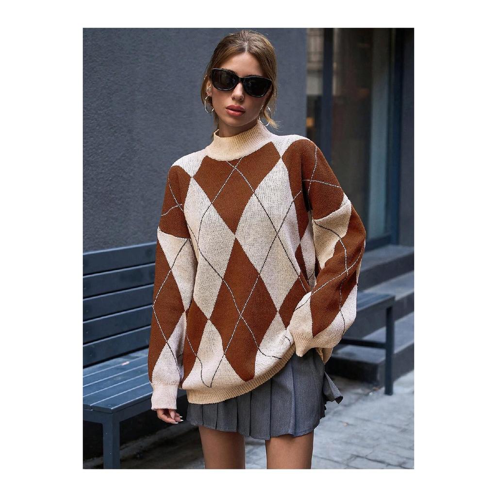 Women's Diamond Patterned Black High Collar Knitwear Sweater