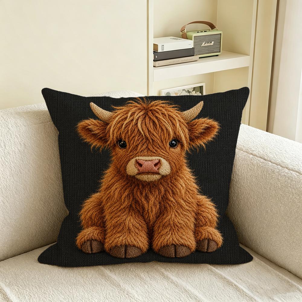 Animal D FlatPrinted Highland Cow Cushion Cover Natural Linen Pillowcase Set AllinOne Decor for Sofa Bedroom Chair