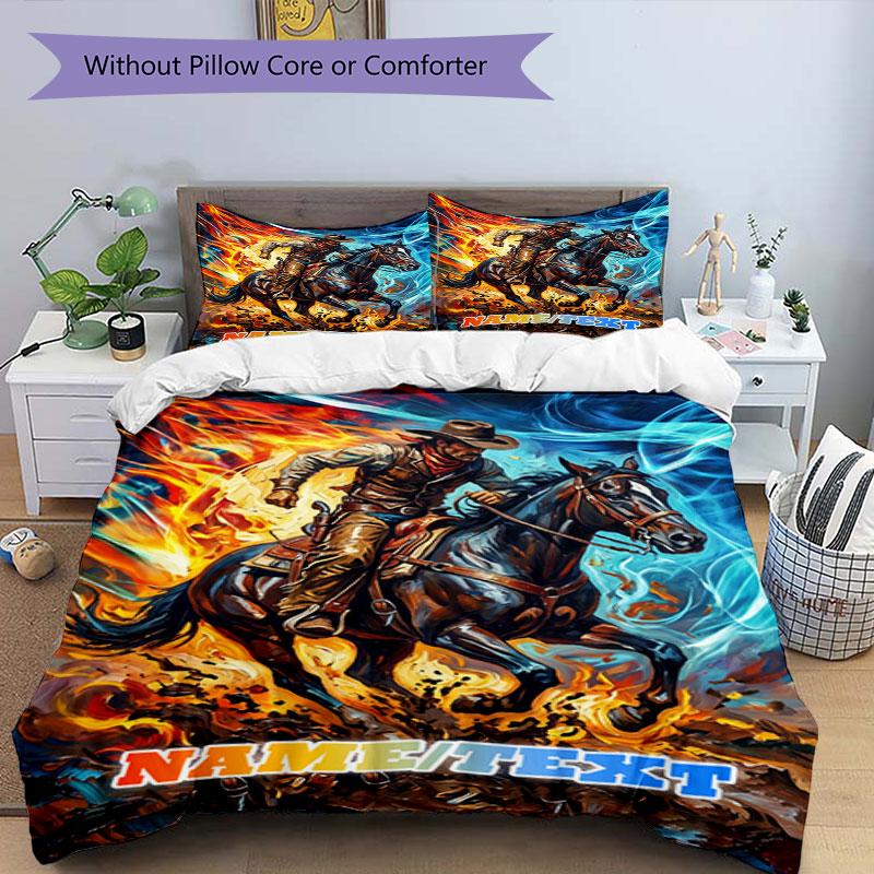 3PC Custom Name Rider Fire Horse Bedding Set Printed Bedding Set Duvet Cover Closure Includes 1 Duvet Cover & 31 Pillowcases for Bedroom