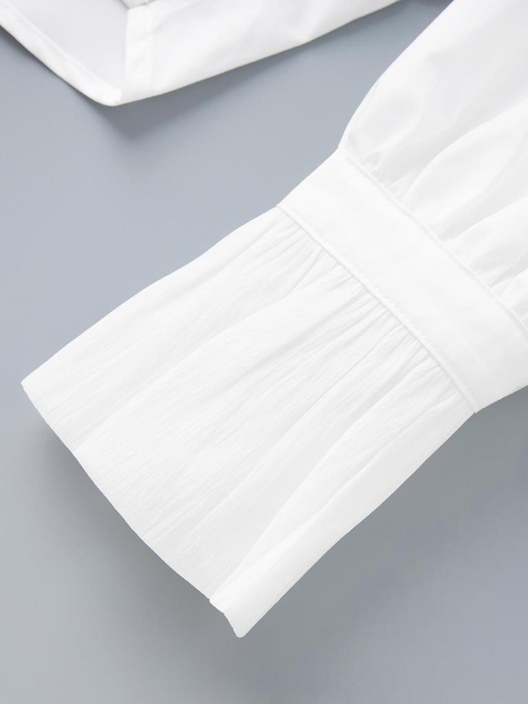 French White Women's Flare Sleeve Lace Top - Casual Long Sleeve Stand Collar Shirt