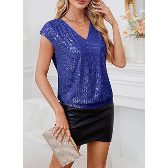 GMXIA Spring and Autumn Insert Rotator Sleeve Sequin Slim V-neck Solid Color Top T-shirt Woman