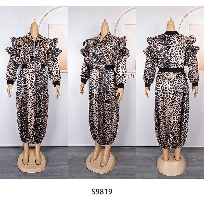 Плюс Размер Женская мода леопардовый принт куртка юбка костюм из двух частей