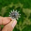 925 Silver Round Labradorite Gemstone Flower Bezel Third Eye Chakra Ring Jewelry